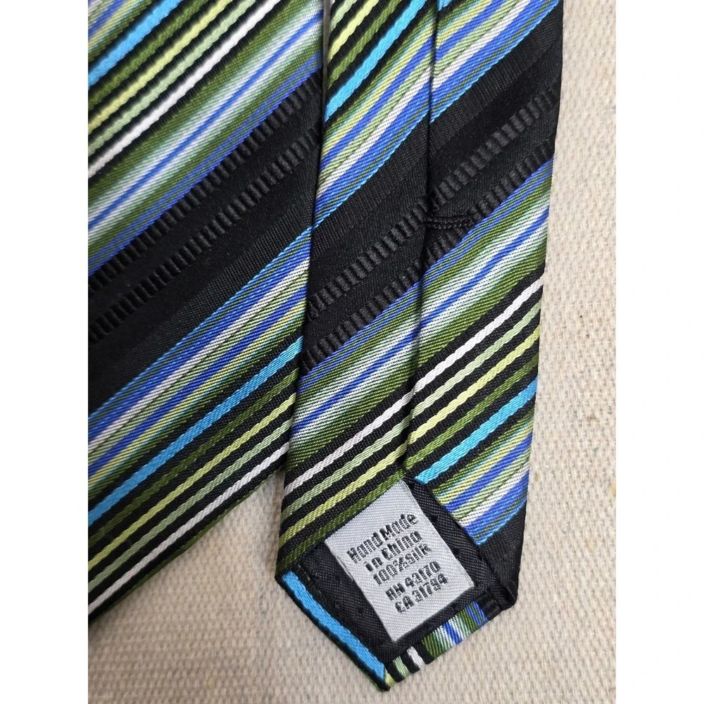 Geoffrey Beene Mens Silk Necktie Blue Green Black Diagonal‎ Striped Hand Made